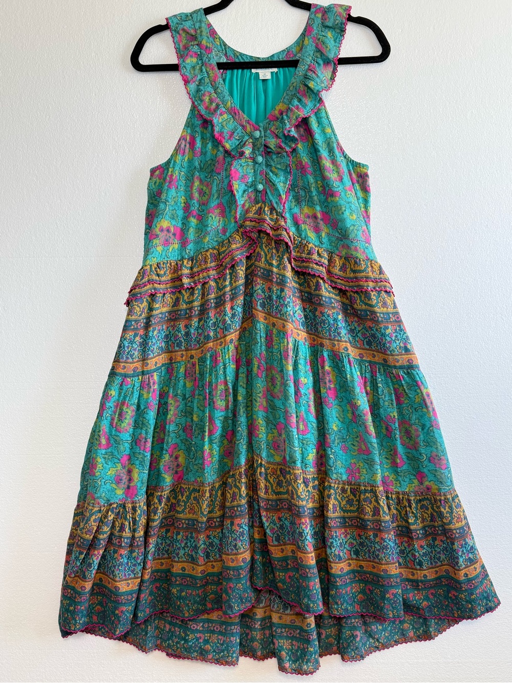 Sundance Dalis Ruffles Sleeveless Midi Dress Teal Turquoise Floral V Neck Size M